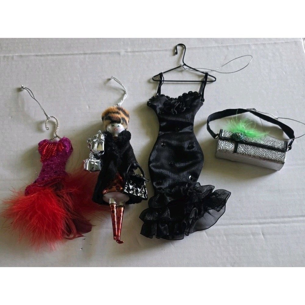 Vtg Fashion Diva Christmas Ornaments Lot 4 Dress Purse Doll Feathers Sequins
